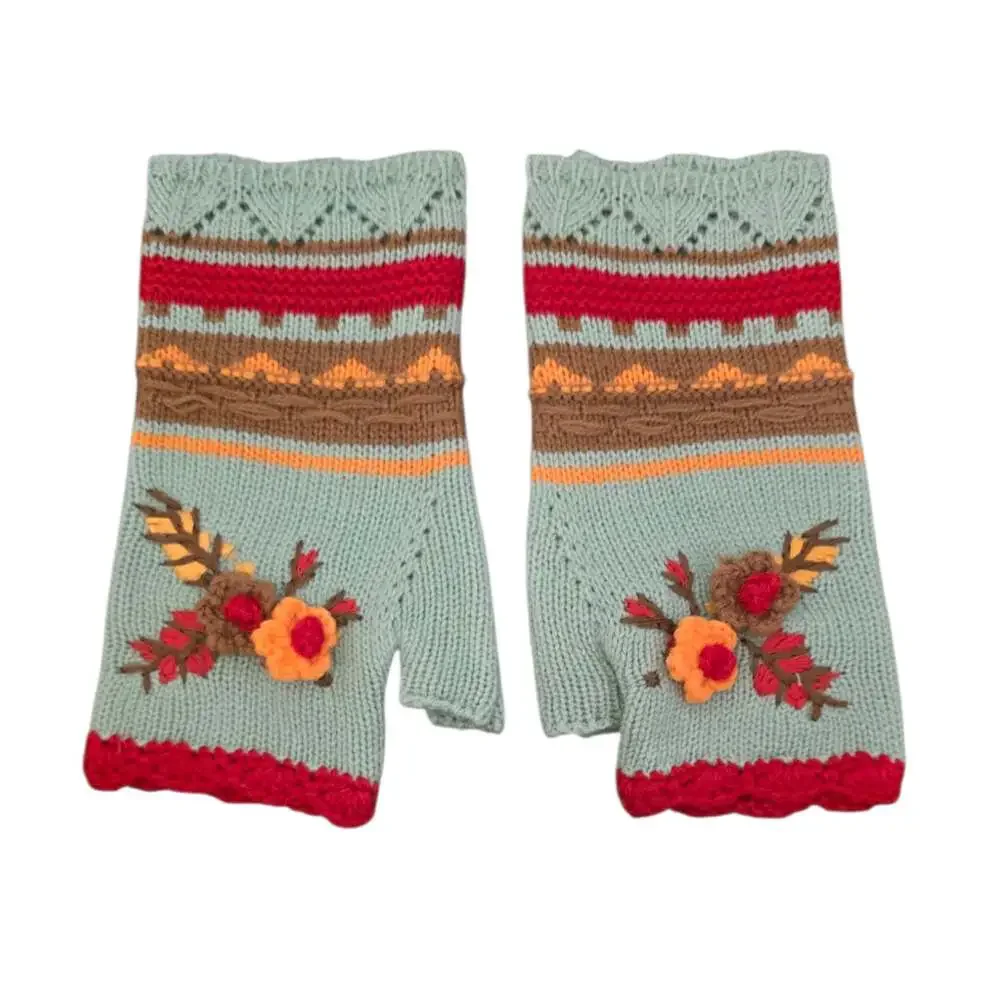 Sage 3D Floral  Embroidered Crochet Trim Knit Fingerless Gloves
